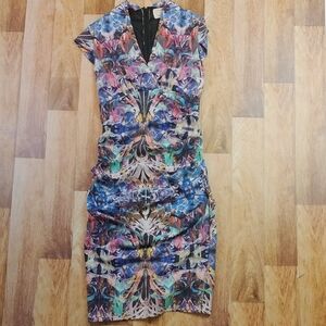 Nicole Miller Blue and Purple Sheath Midi Dress V-Neck